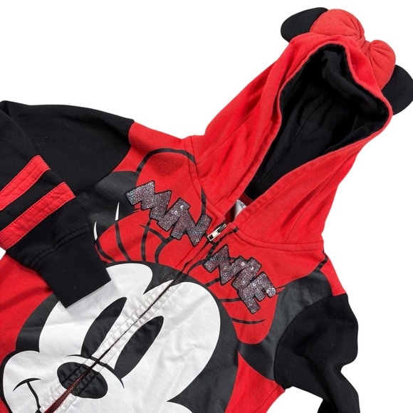 Disney Minnie Mouse Hoodie Red Black Ears Girls Size 7/8 Zip Up sequins cute - Picture 1 of 8